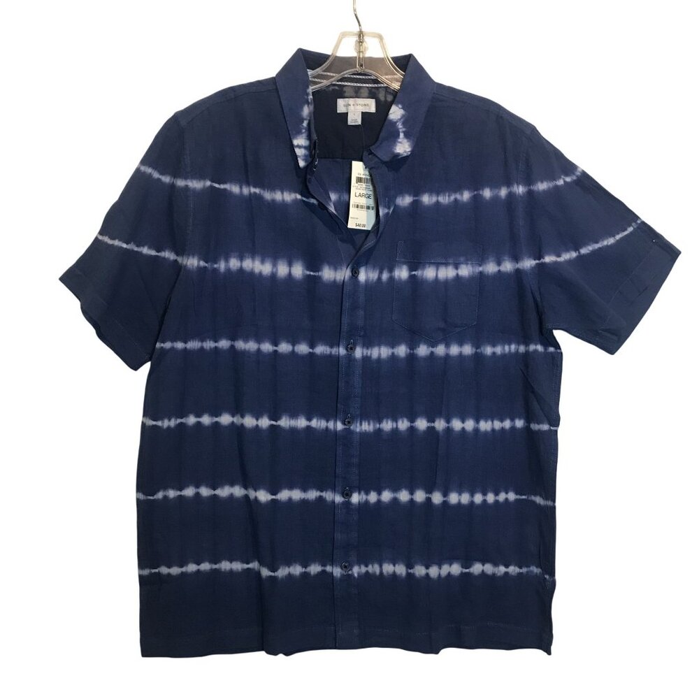 Sun + Stone Men L Short Sleeve Linen/ Cotton Button Down Navy Blue Tie-Dye Shirt